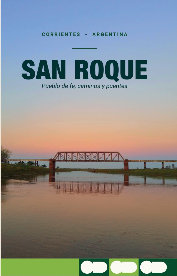 Portada del folleto turístico de San Roque: atardecer sobre el puente ferroviario y el río Santa Lucía